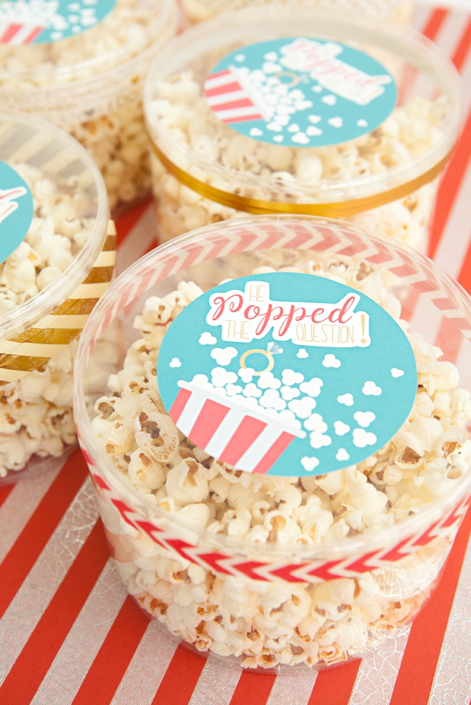 Darling bridal favor idea, He Popped The Question - popcorn favors with free printable labels!