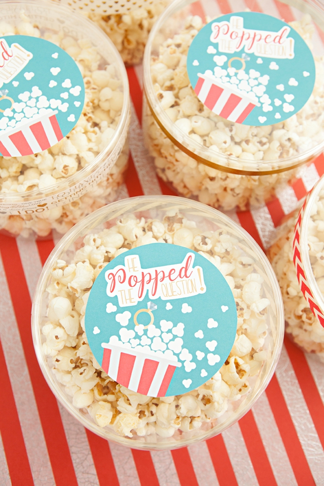 Darling bridal favor idea, He Popped The Question - popcorn favors with free printable labels!