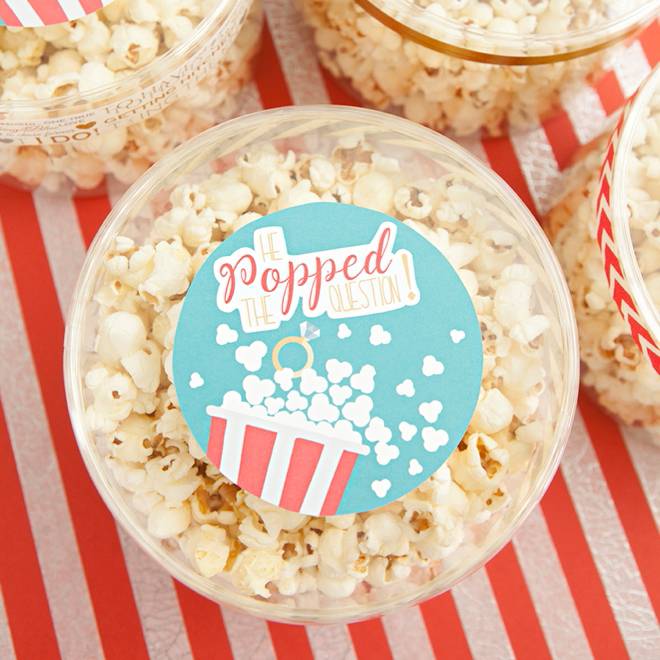 Darling bridal favor idea, He Popped The Question - popcorn favors with free printable labels!