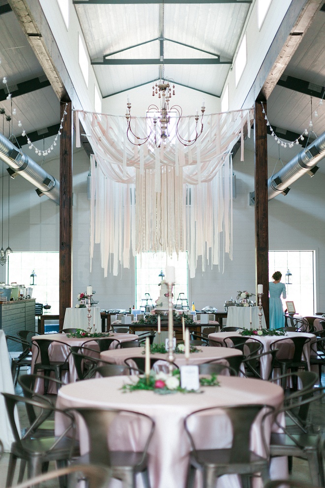 Swooning over this gorgeous reception and the amazing ribbon chandelier!