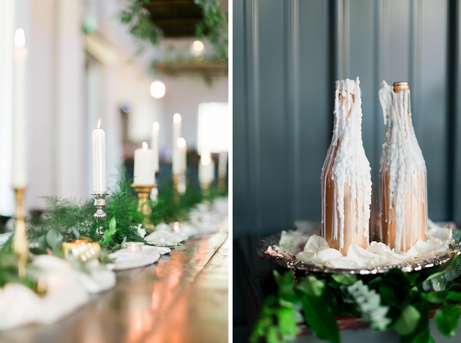 We're loving all of the gorgeous boho details at this wedding! The metallic wax candles and greenery make it pop!