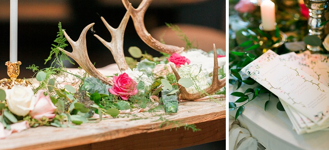 We're loving all of the greenery detail and rustic antler centerpiece detail at this boho wedding!