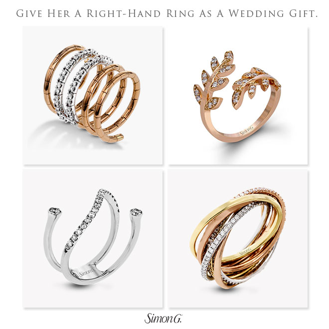 Give her the gift of fine jewelry for your wedding present, like these right hand rings from Simon G.