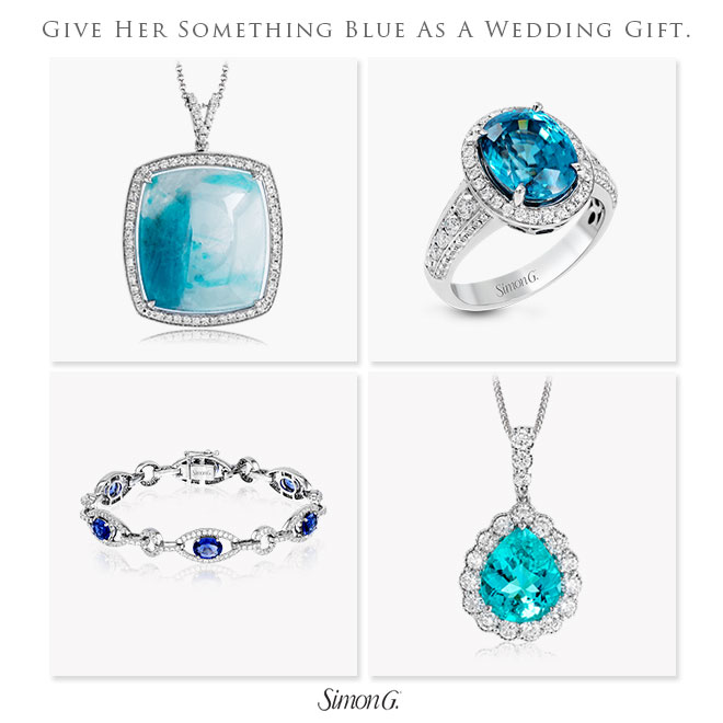 Give her the gift of fine jewelry for your wedding present, like these something blue ideas from Simon G.