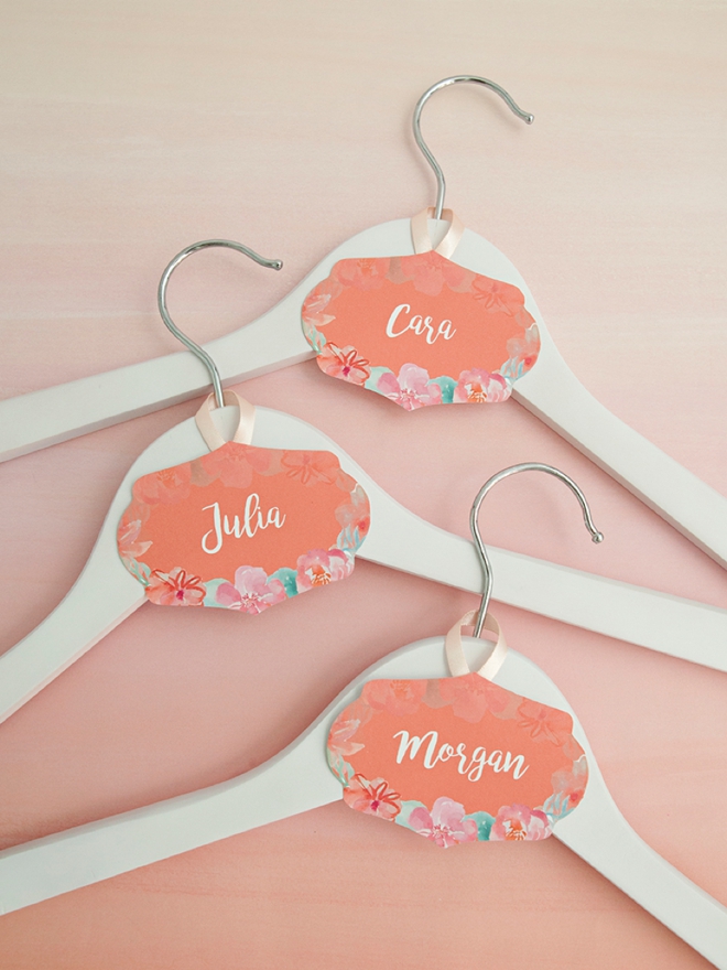 FREE printable and editable bridal party hanger tags in a coral floral theme!