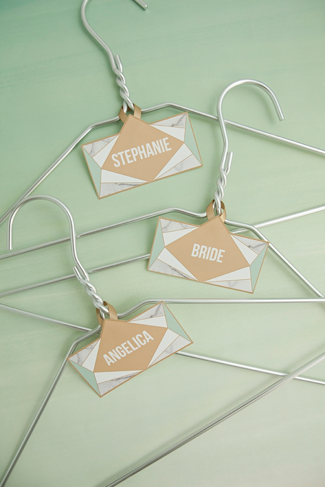 FREE printable and editable bridal party hanger tags in a modern wedding theme!