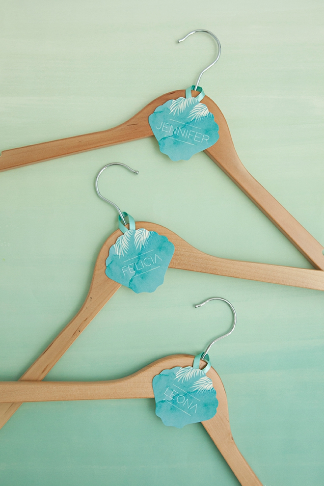 FREE printable and editable bridal party hanger tags in a beach wedding theme!