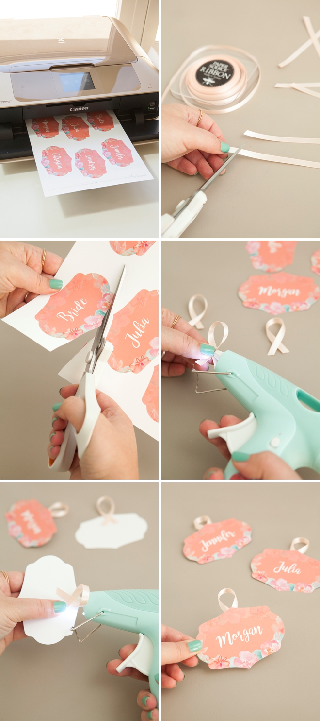 FREE printable and editable bridal party hanger tags in a coral floral theme!