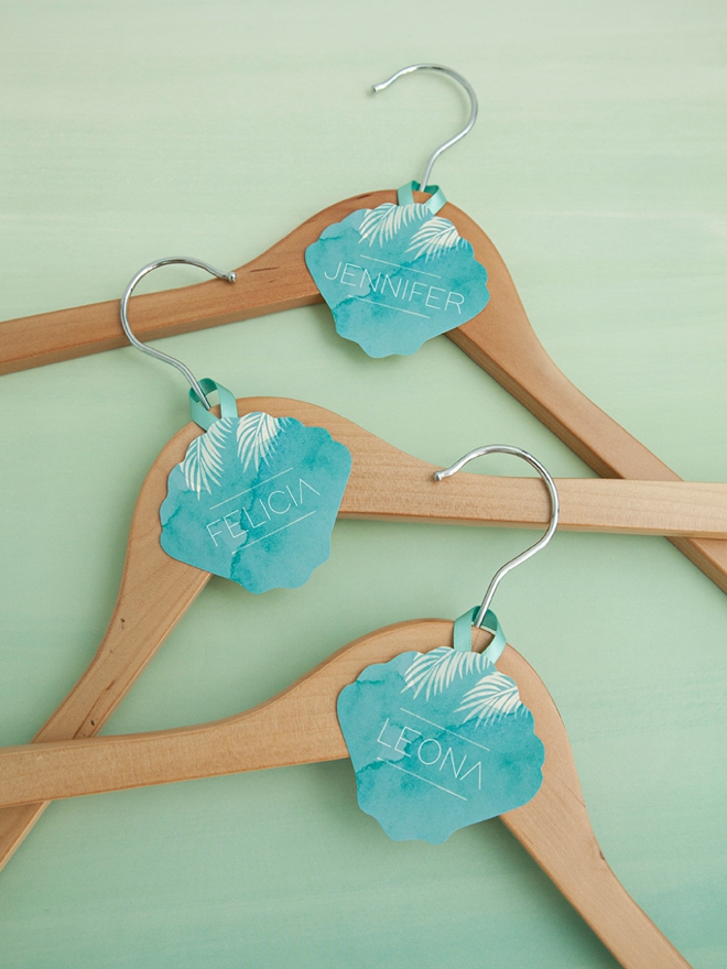 FREE printable and editable bridal party hanger tags in a beach wedding theme!