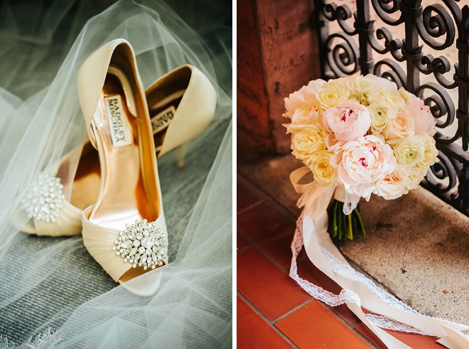 We're loving this Bride's gorgeous wedding shoes and blush bouquet!
