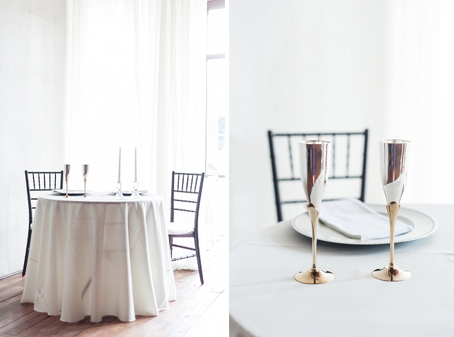 Gorgeous sweetheart table and toasting champagne glasses at this gorgeous DIY loft wedding!