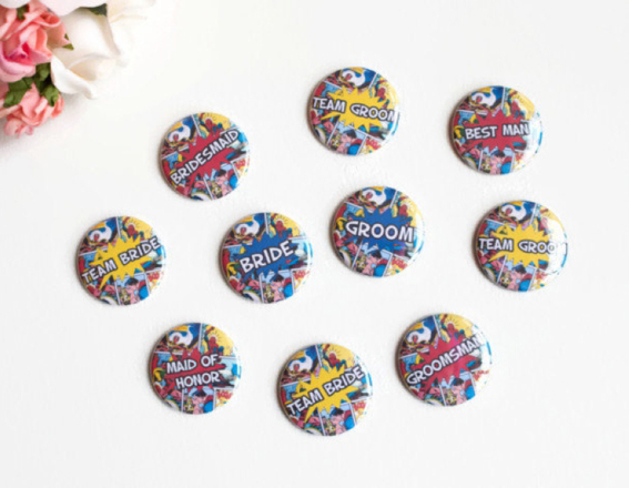 Team Bride, Team Groom Comic Book Buttons by Everybody Say Love!