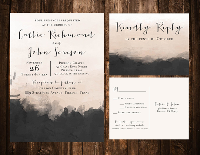 Stunning nude and charcoal watercolor wedding invitation suite from Paper n' Peonies on Etsy!