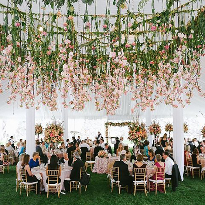 Hanging flowers are a fabulous way to dress up a tent