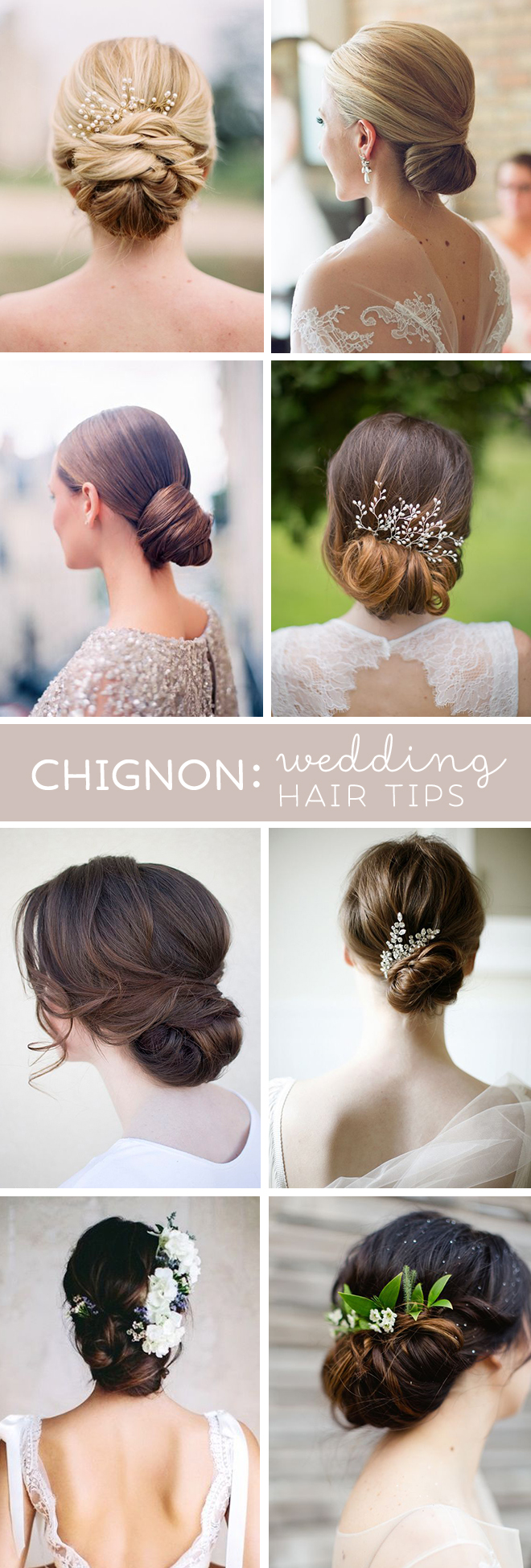 Awesome tips from a wedding hair professional about wearing a chignon or low bun for your wedding day hairstyle!