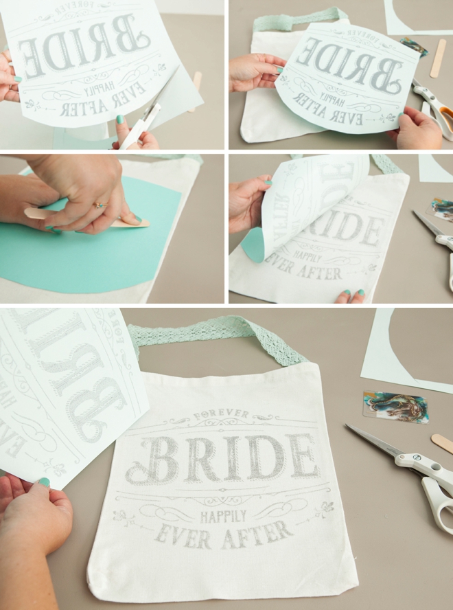 Use this crazy awesome freezer paper transfer technique to make these wedding tote bags!