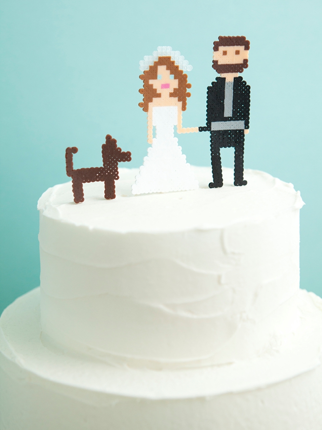 Make your own custom mini perler bead wedding cake topper people! SO cute!