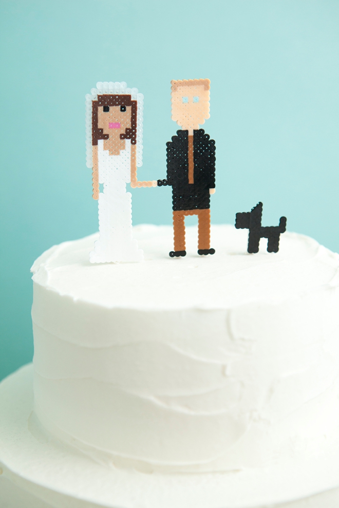 Make your own custom mini perler bead wedding cake topper people! SO cute!