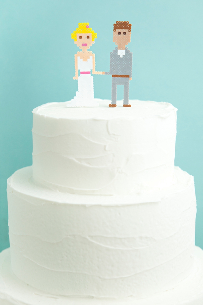 Make your own custom mini perler bead wedding cake topper people! SO cute!