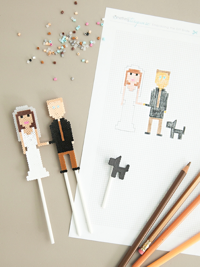 Make your own custom mini perler bead wedding cake topper people! SO cute!