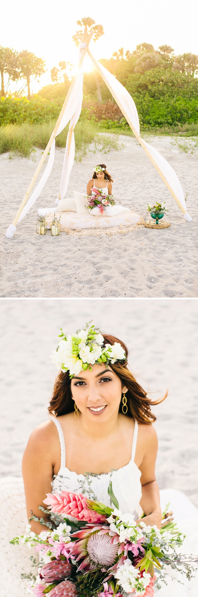 We're loving this gorgeous flower crown and boho beach anniversary shoot!