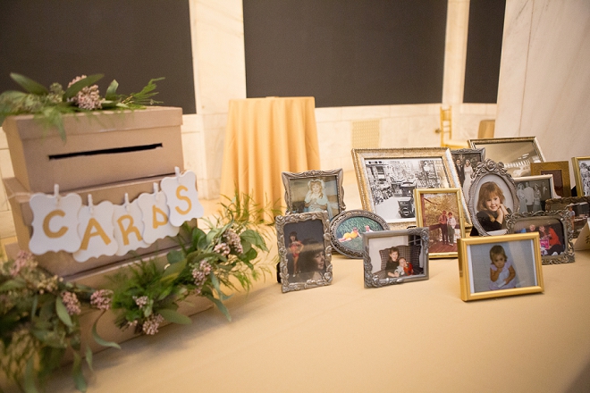 We're loving this darling card box and family photos at this DIY museum reception!