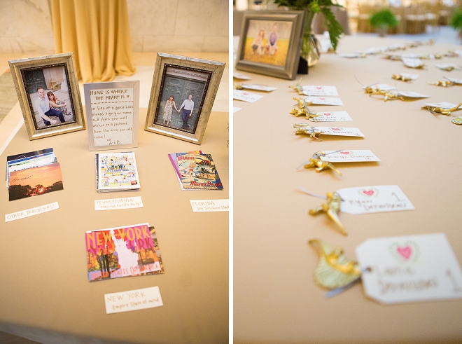 The family photos and gold animal escort cards are adorable at this museum reception!