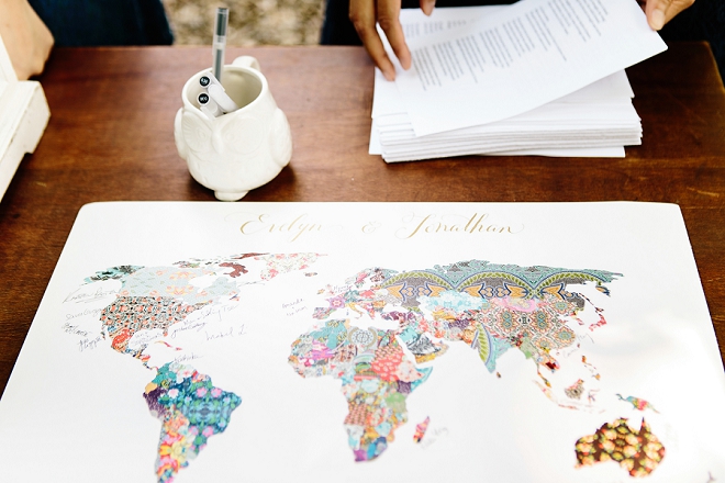 We're in LOVE with this couple's unique map guest book of the world!