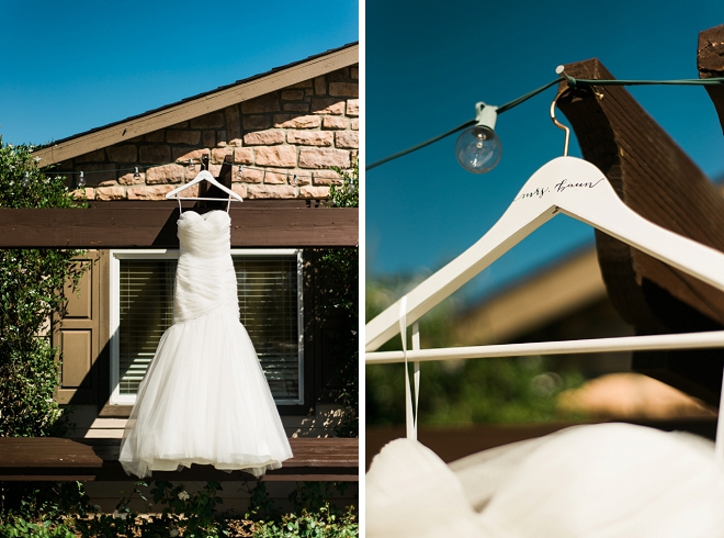 Loving the Bride's modern wedding dress and darling monogrammed hanger!