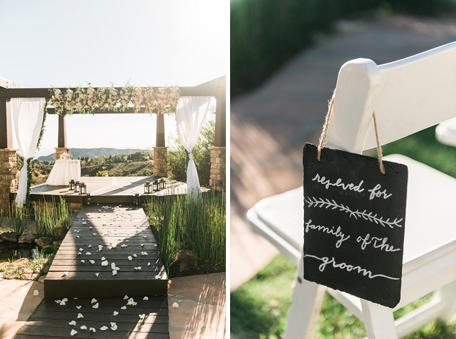 Loving this ceremony venue and darling hand lettered seat reserved signs!