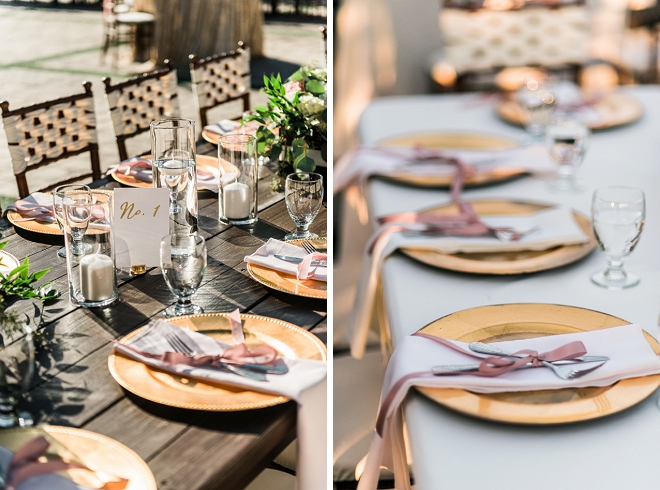 Loving all of the gold charger details at this couples reception tables!