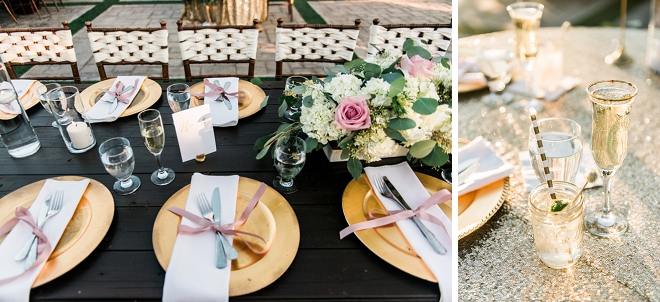 Loving all of the gold charger details at this couples reception tables!