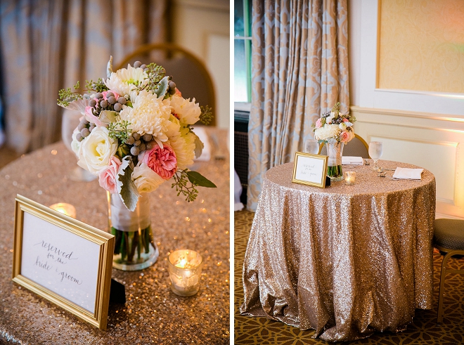 Gorgeous golden glitter tablecloths at this darling sweetheart table!
