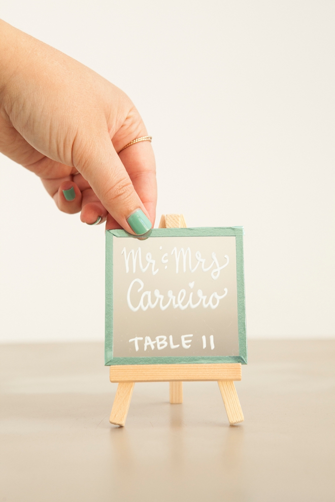 How to make the most darling mini-mirror and easel escort card display!