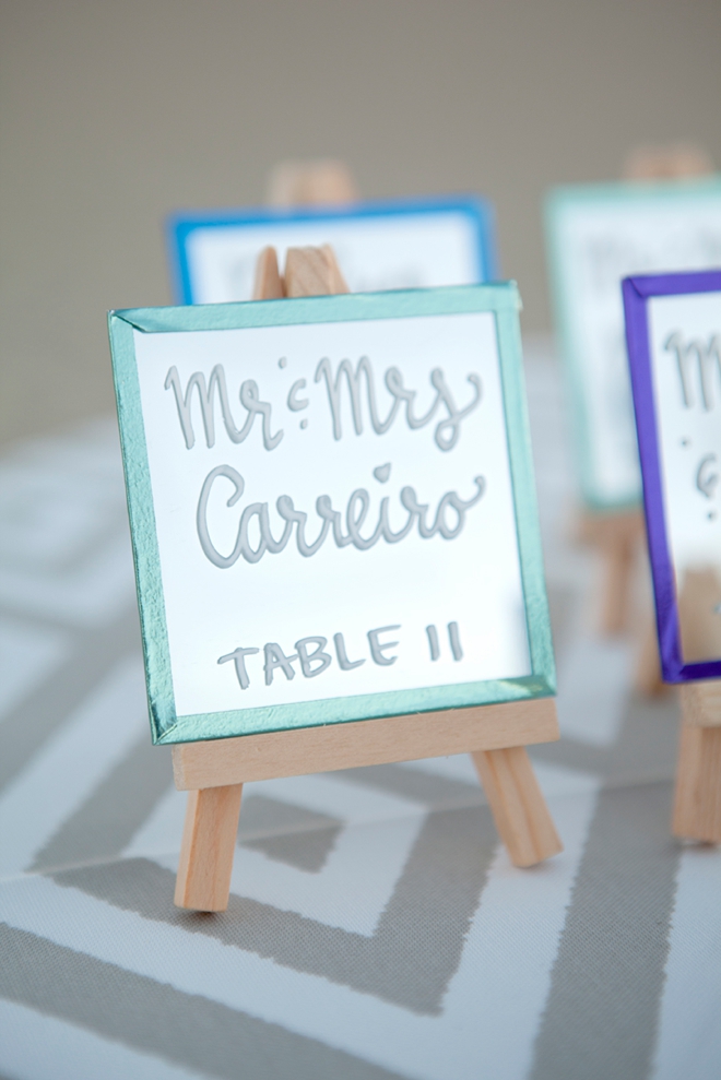 How to make the most darling mini-mirror and easel escort card display!