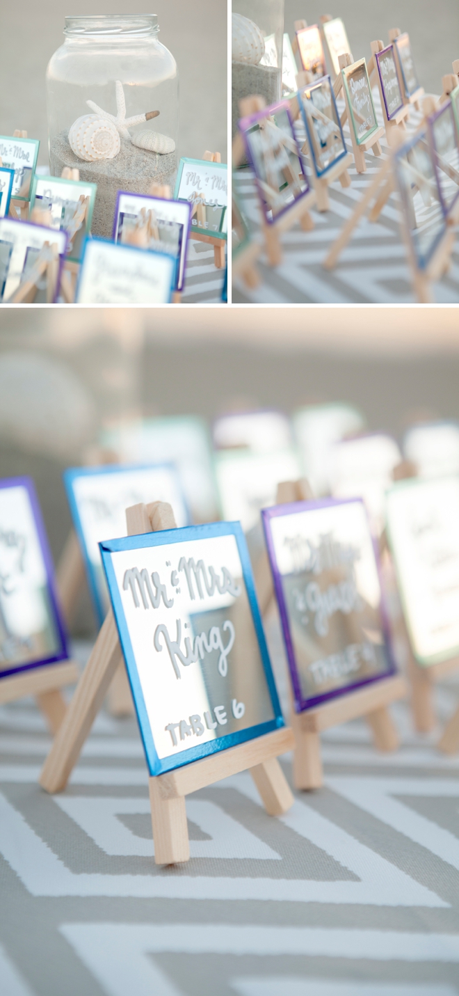 How to make the most darling mini-mirror and easel escort card display!