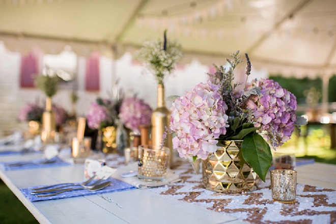 We're swooning over the gorgeous gold and lavender table decor at this Cape Cod wedding!!