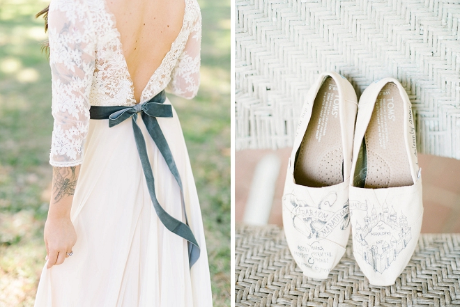 We love this Bride's gorgeous turquoise sash and tom wedding shoes!