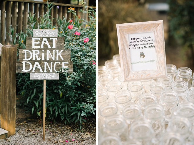 We're loving the cute Eat, Drink + Dance sign at this gorgeous wedding!