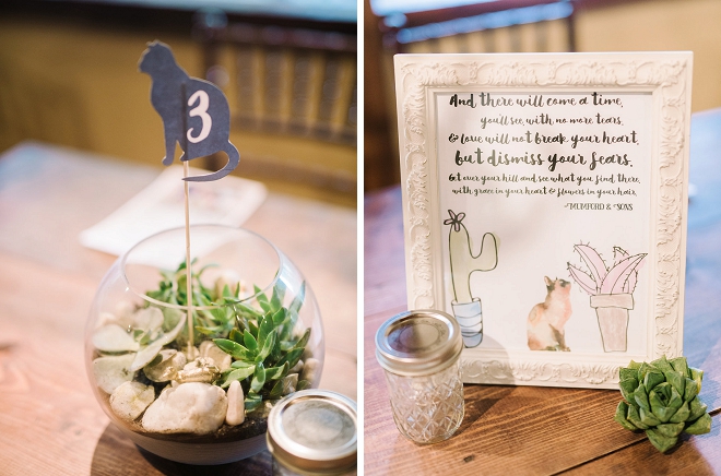 We're loving these fun cat table numbers and song lyric signs on each table!