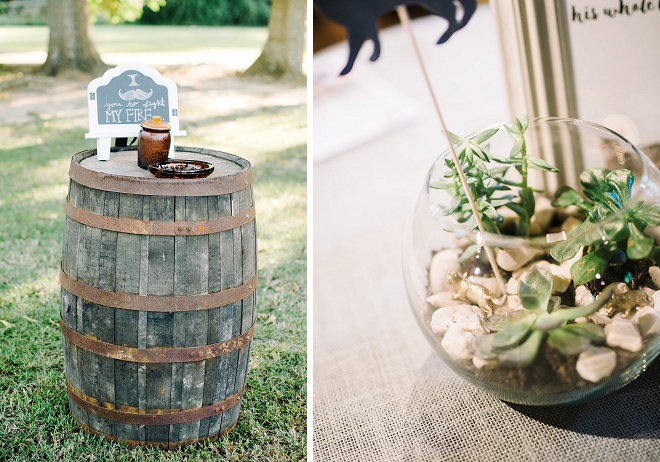 How great is this barrel cigar bar at this gorgeous boho outdoor reception!