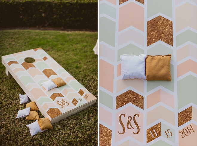 How fun and cute is this custom cornhole game at this stunning outdoor reception?! Love!