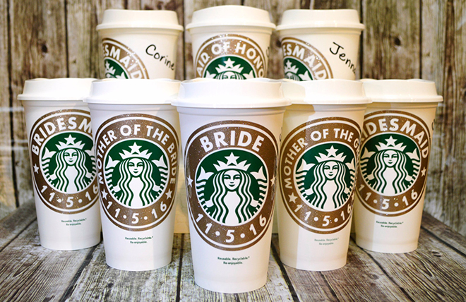 Awesome, custom Starbucks tumblers for the bridal party!
