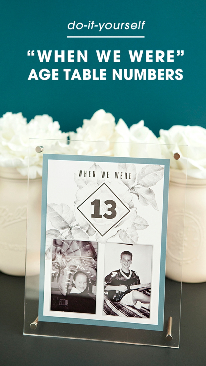 Free printable table numbers that hold a photo of the bride and groom at each age!