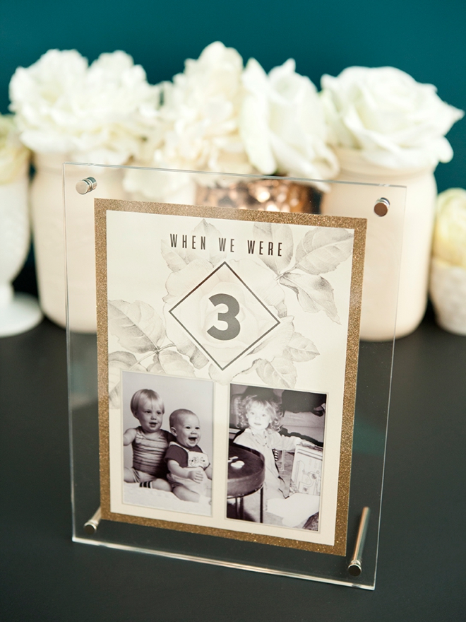 Free printable table numbers that hold a photo of the bride and groom at each age!