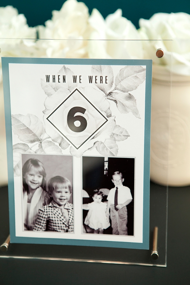 Free printable table numbers that hold a photo of the bride and groom at each age!