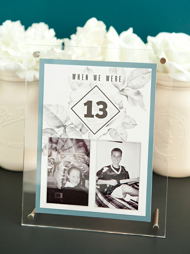 Free printable table numbers that hold a photo of the bride and groom at each age!