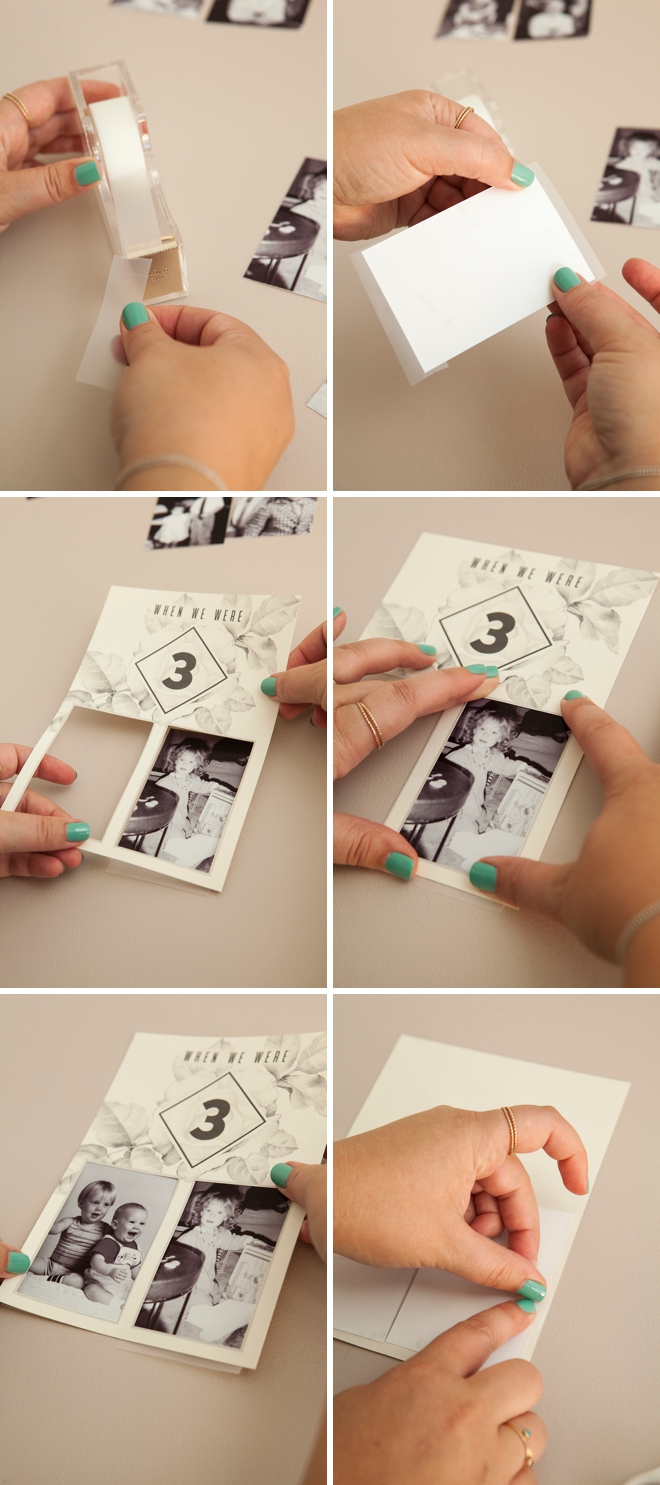 Check out these darling DIY table numbers with photos of the bride and groom at each table number age!