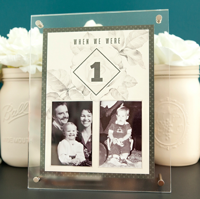 Check out these darling DIY table numbers with photos of the bride and groom at each table number age!