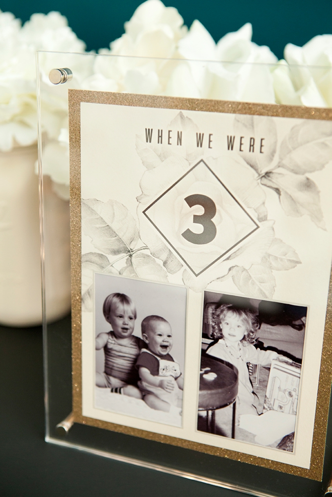 Check out these darling DIY table numbers with photos of the bride and groom at each table number age!